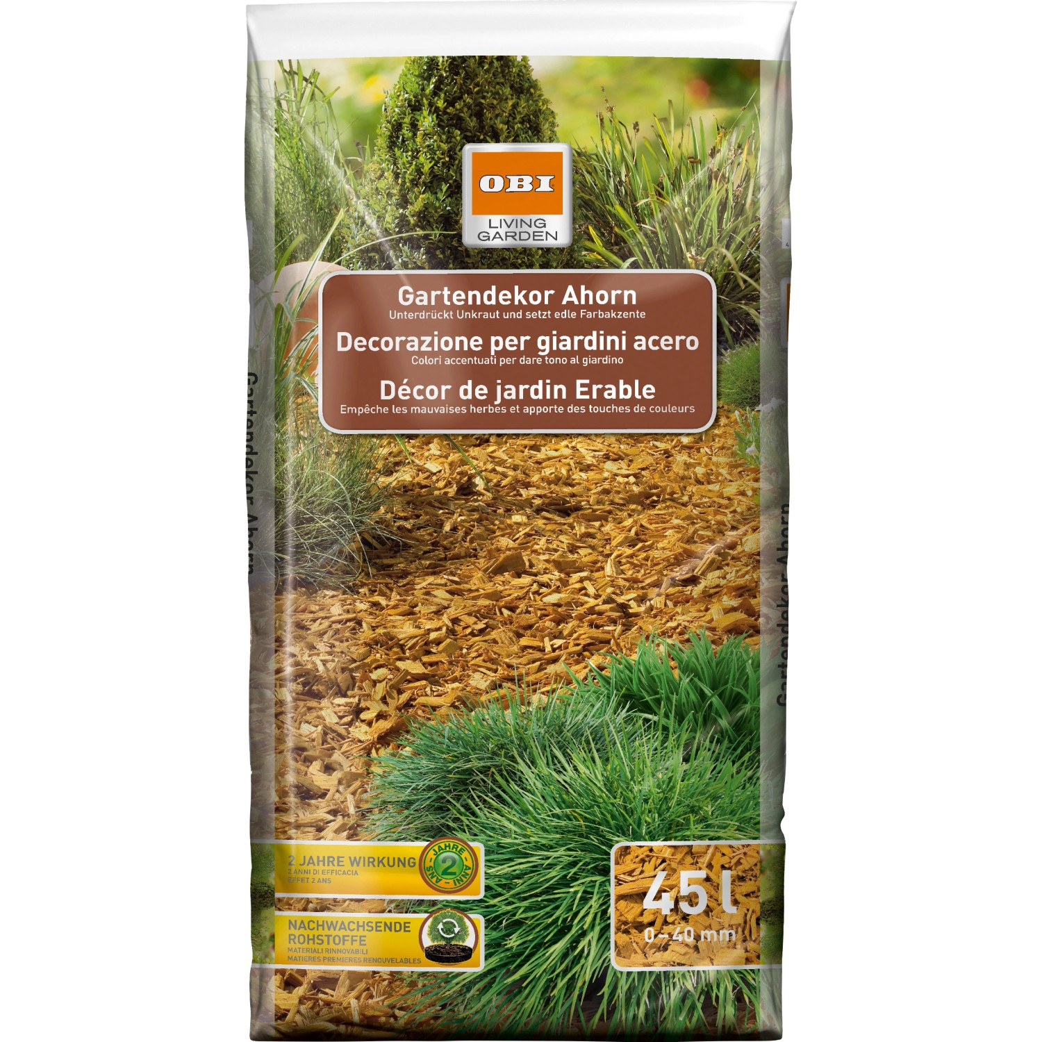 OBI Gartendekor Ahorn, 45L Sack. Gelber Dekormulch zur Beetabdeckung und Unkrautvermeidung.