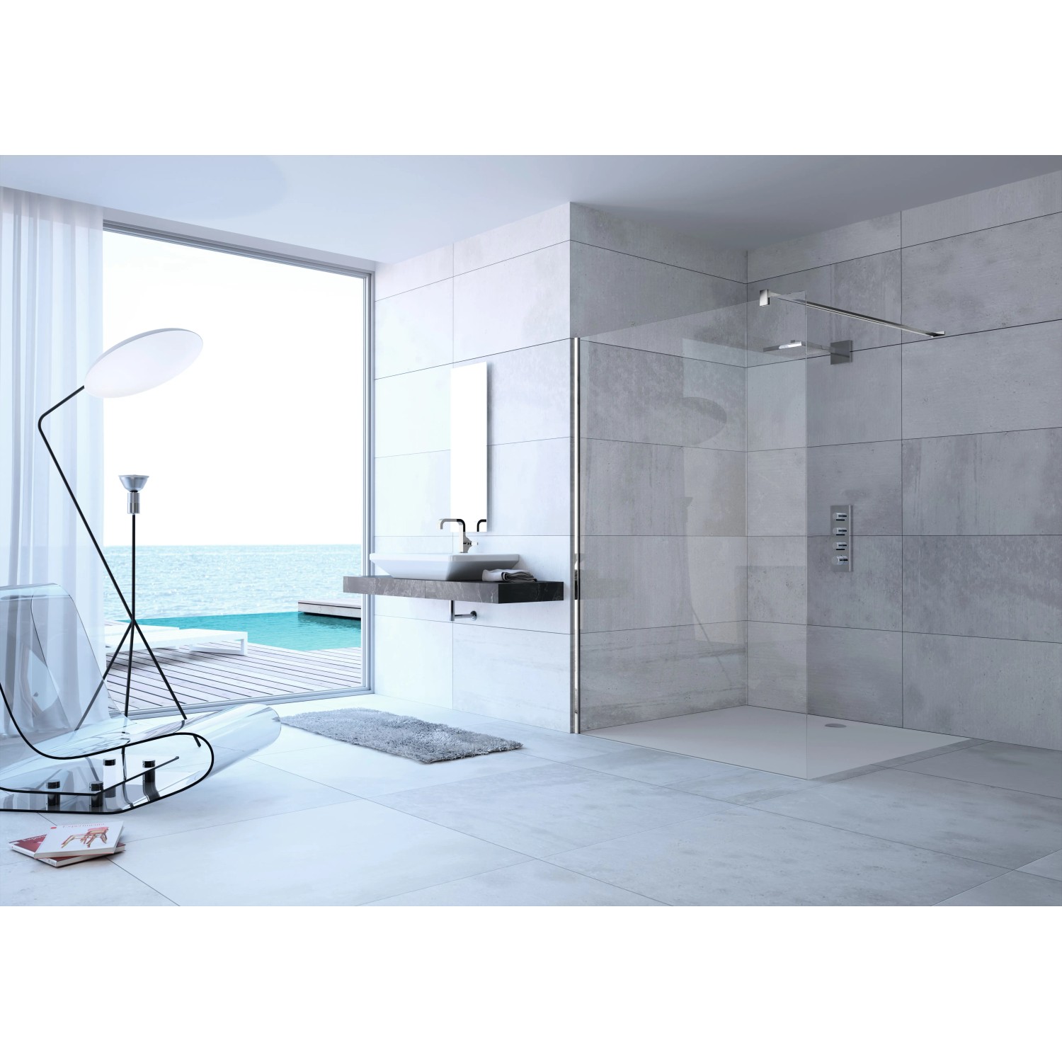 Hüppe Design Pure Seitenwand, 90x200cm, Silber Hochglanz, Teil einer Walk-In Dusche.