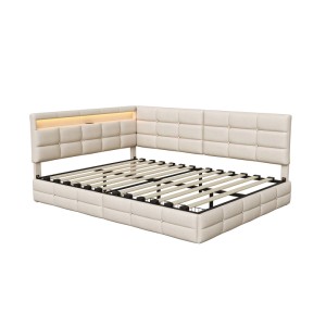 Tagesbett 140x200 cm Polsterbett mit LED USB und Stauraum in Beige