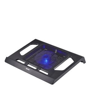 Schwarzer Hama Laptop-Kühler Black Edition mit blauer LED-Beleuchtung.