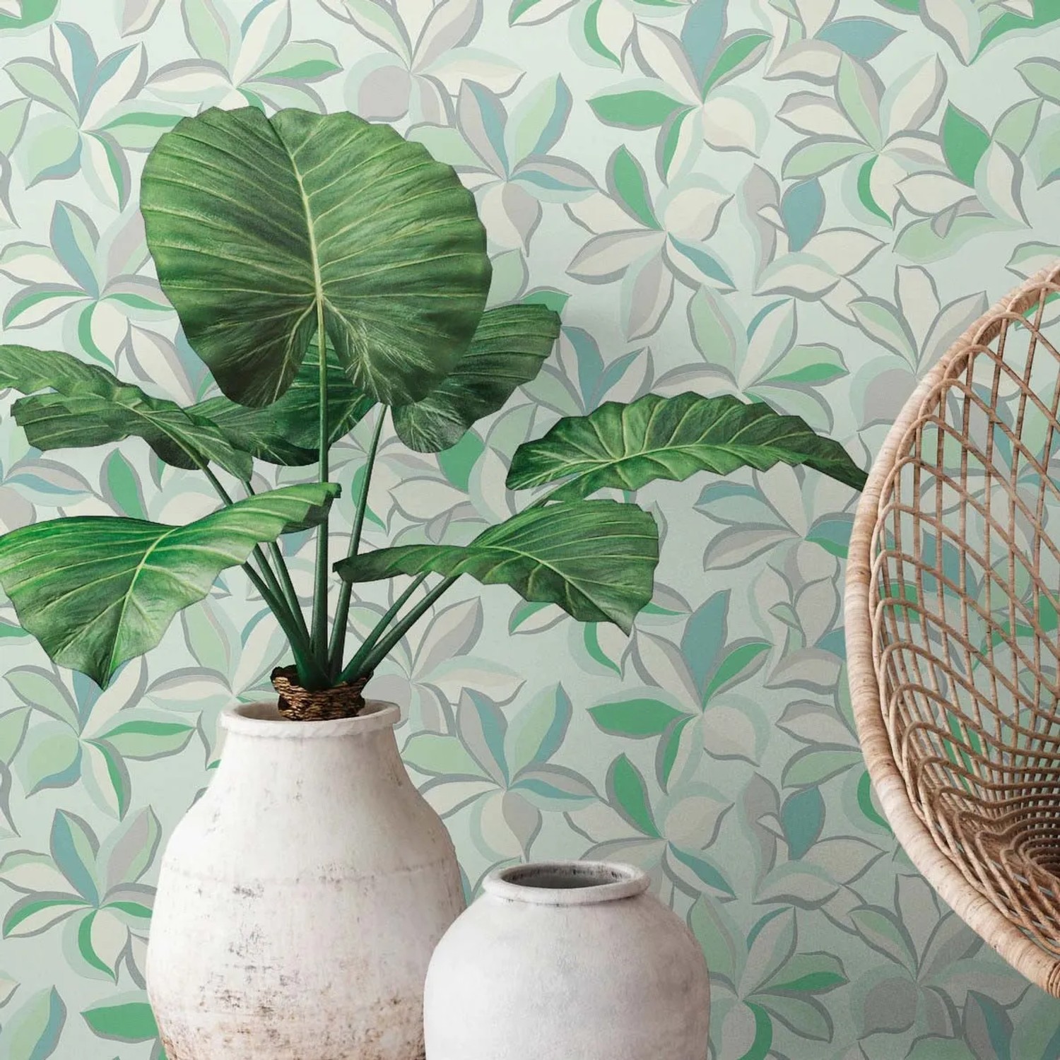 Moderne Blumentapete in Grün und Silber mit Lilien-Motiv für Wohn- und Schlafzimmer.