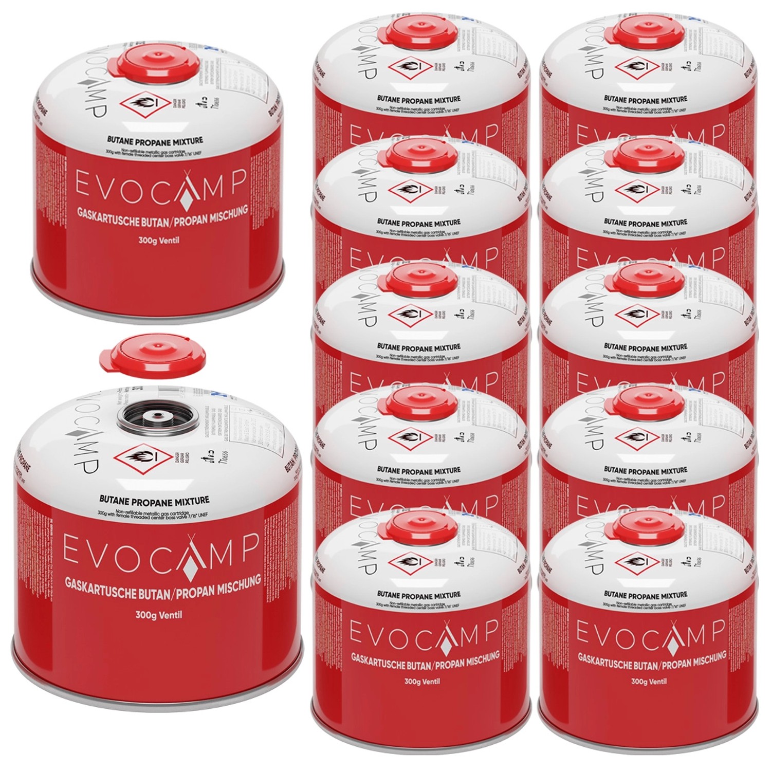 Evocamp Gaskartusche 12 Stück 300g Butan Propan Schraubventil für Camping Weber Q100