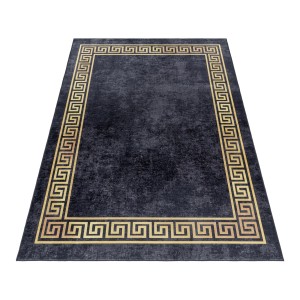 Ayyildiz Kurzflorteppich Fiesta 4305, schwarz, 80x250 cm, mit goldenem Mäandermuster.