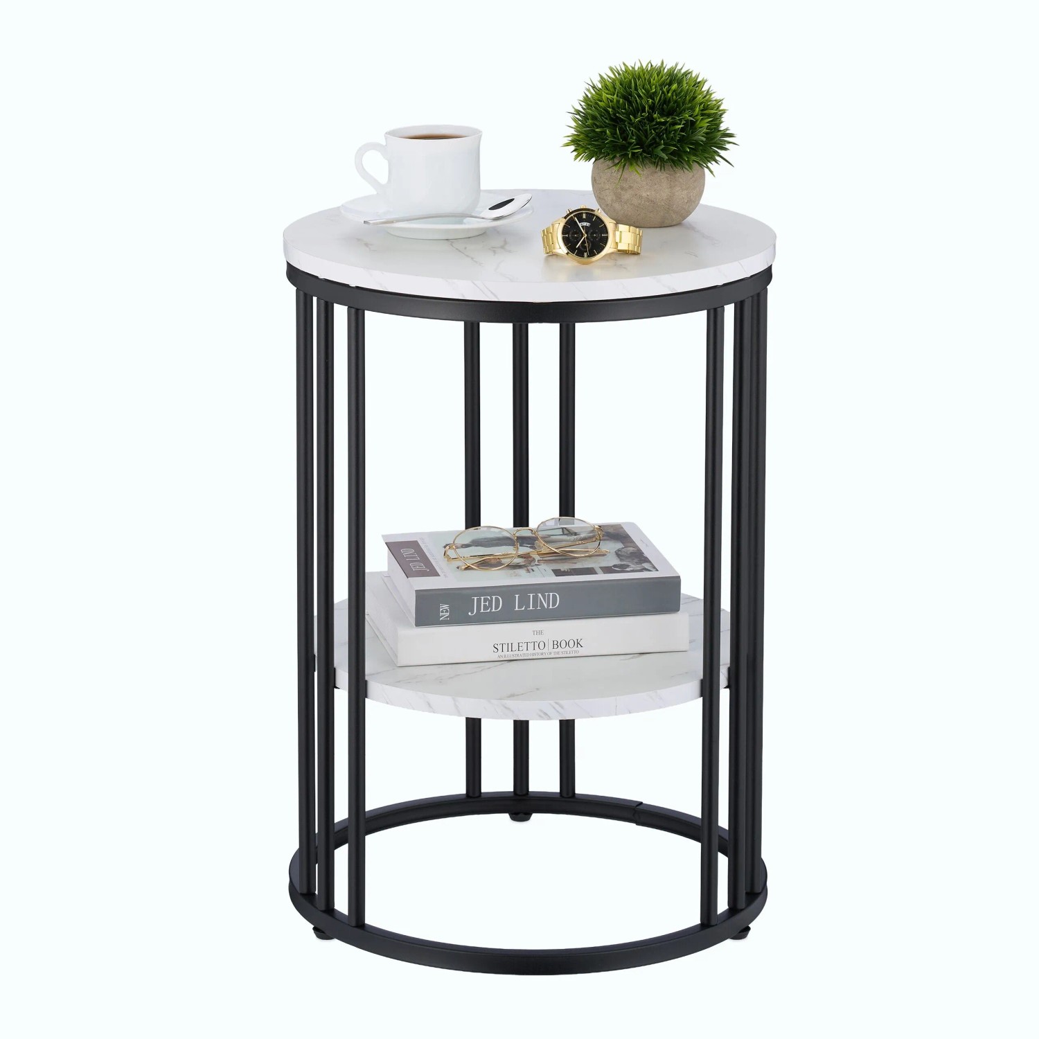 Relaxdays Beistelltisch Eisen MDF Weiß Schwarz Marmoroptik Höhenverstellbar 56 cm x 40 cm 3,8 kg