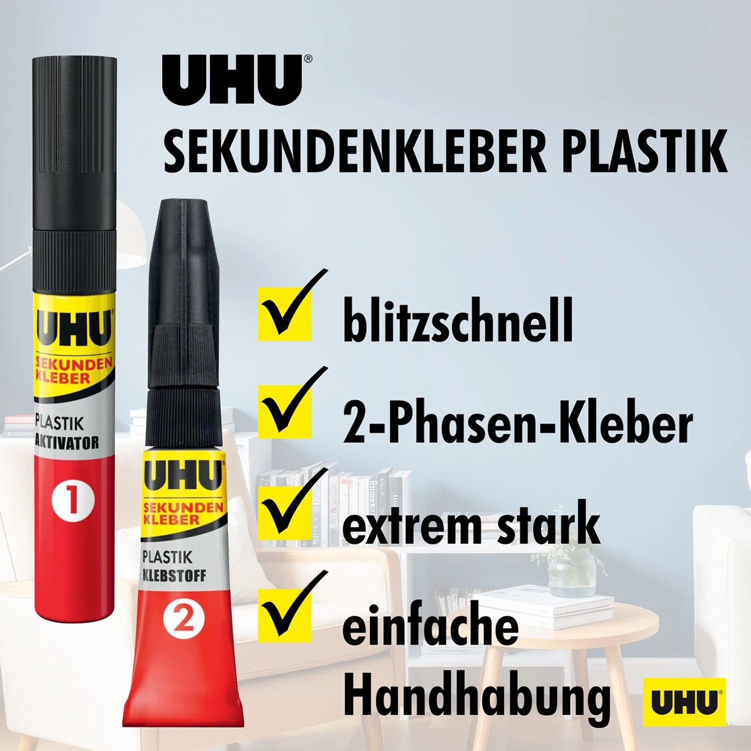 UHU Sekundenkleber Plastik, 2-Phasen-Kleber Set mit Aktivator und Klebstoff für Kunststoffe.