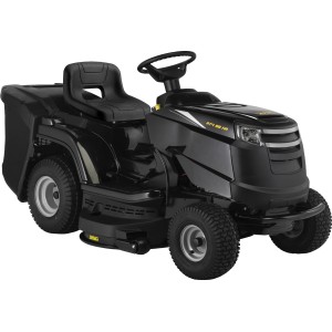 Schwarzer Alpina Rasentraktor AT4 98 HA mit Fangkorb.