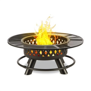Schwarze Blumfeldt 3-in-1 Feuerschale Rosario (Ø 120cm) mit Grillrost und Tischplatte, Feuer brennt.
