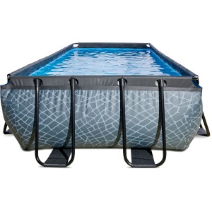 Rechteckiger, grauer EXIT Stone Pool 400x200x100cm mit Steinmuster und Stahlrahmen.