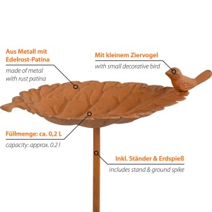 Metall-Vogeltränke in Blattform mit Edelrost-Patina, Ziervogel und 200 ml Fassungsvermögen für Garten.