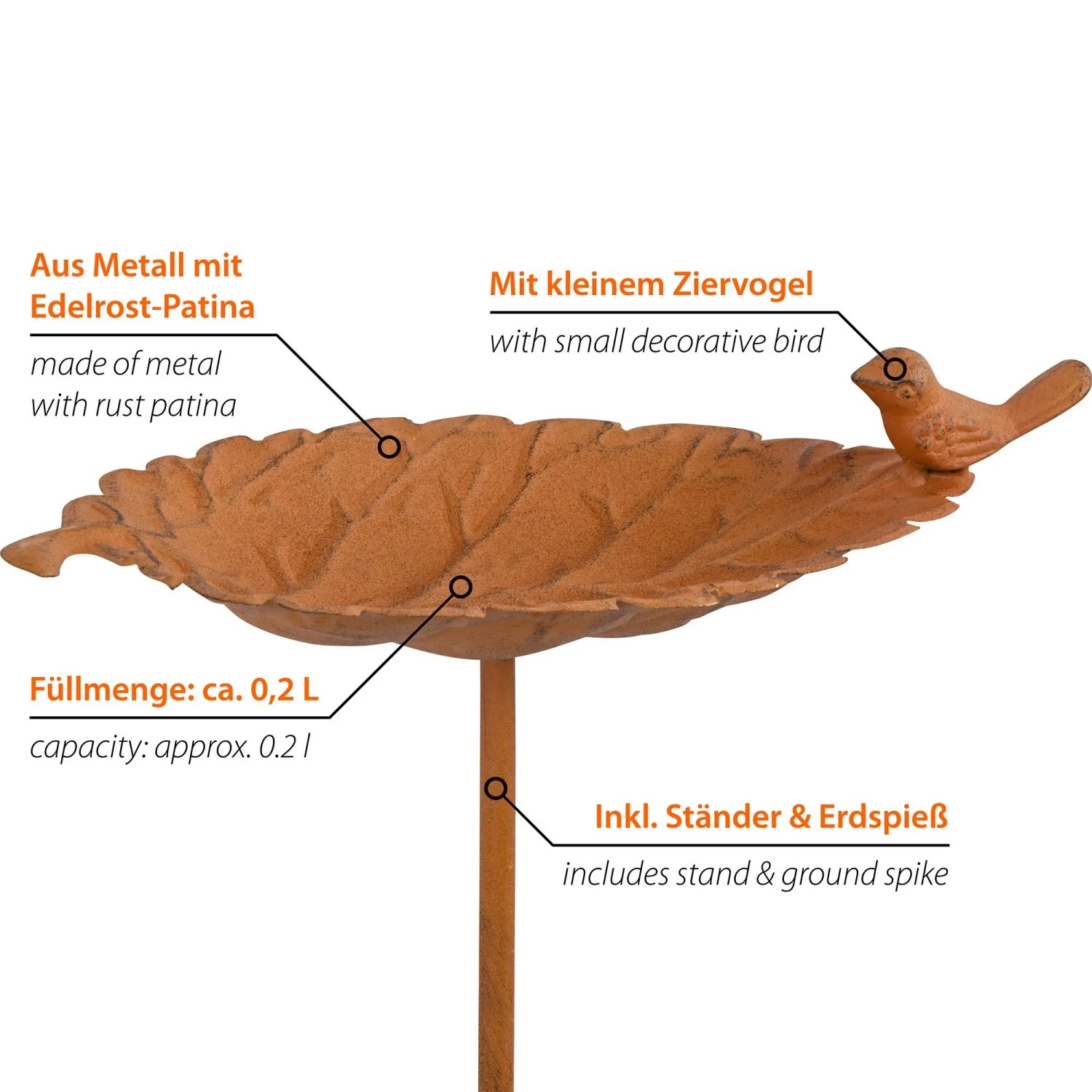 Metall-Vogeltränke in Blattform mit Edelrost-Patina, Ziervogel und 200 ml Fassungsvermögen für Garten.