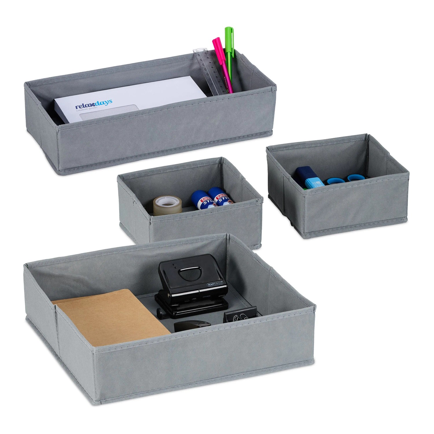 Relaxdays Schubladen Organizer Vlies Grau 4er Set 35 cm x 33 cm x 10 cm