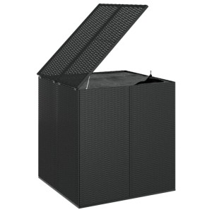 Schwarze VidaXL Garten-Kissenbox aus PE-Rattan, Universalbox mit geöffnetem Deckel.