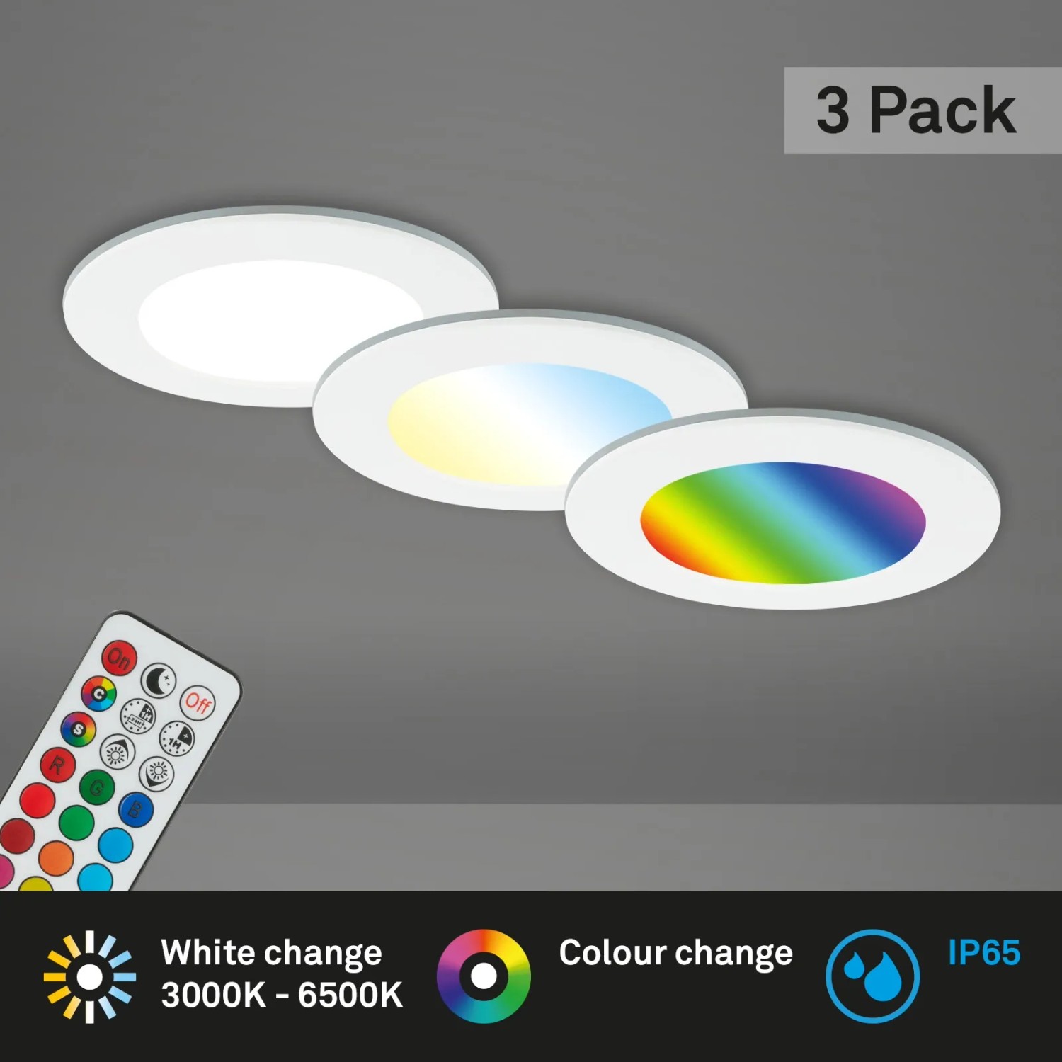 3er Set Briloner LED Einbaustrahler, dimmbar, mit Farbwechsel und Fernbedienung.