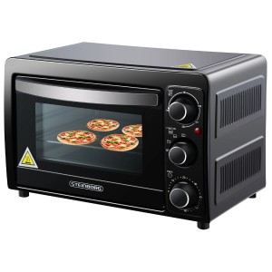 Steinborg Minibackofen SB-3015, 15 Liter, 1300 Watt, Schwarz mit Pizzen im Garraum.