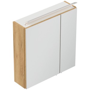 Posseik Spiegelschrank 60 cm mit weißer LED-Leiste und Korpus in Eiche Gold Optik.