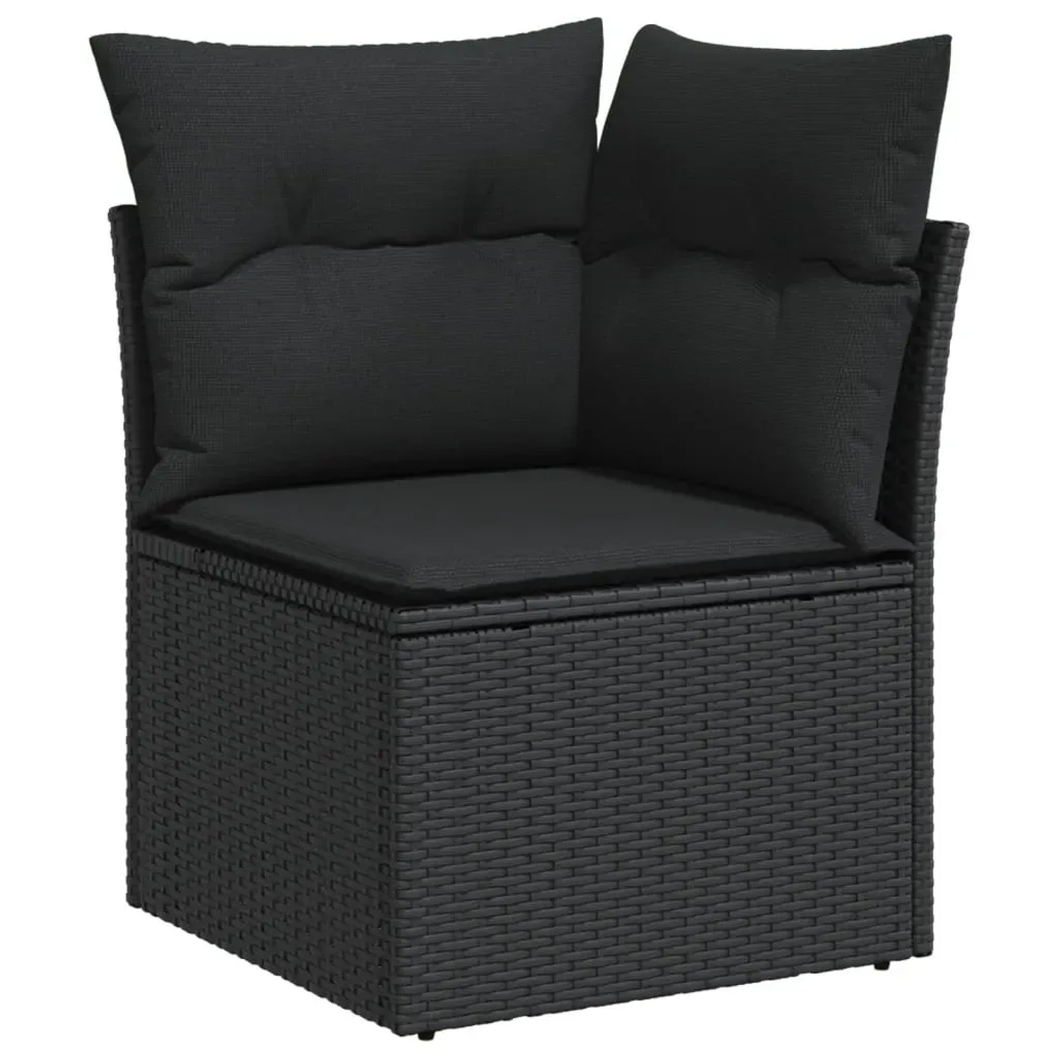 Schwarzes vidaXL Gartensofa aus Rattan mit Kissen, Teil einer modularen Gartenmöbel-Garnitur.