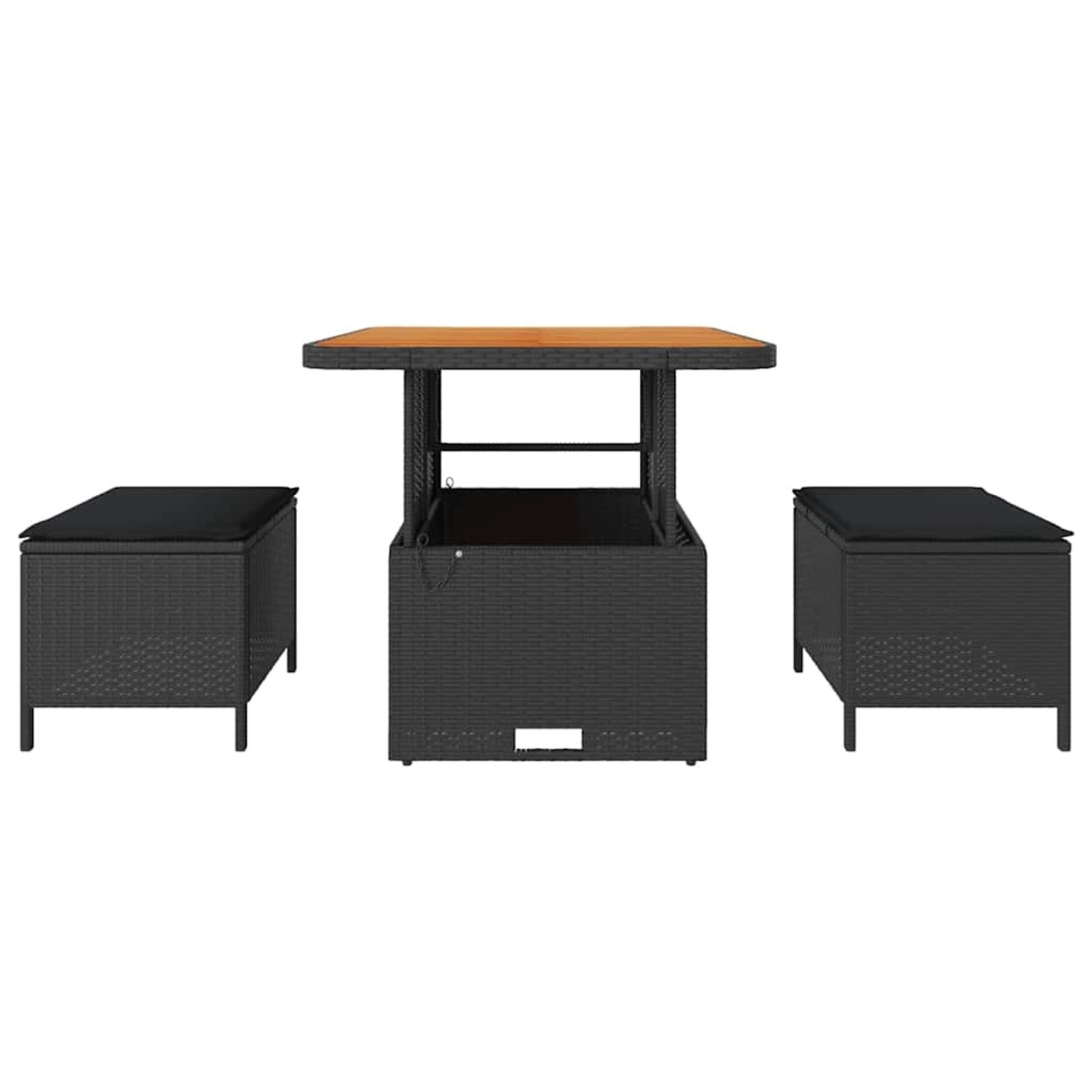 Schwarze 3-tlg. vidaXL Garten Essgruppe aus Poly Rattan mit Tisch und Hockern.