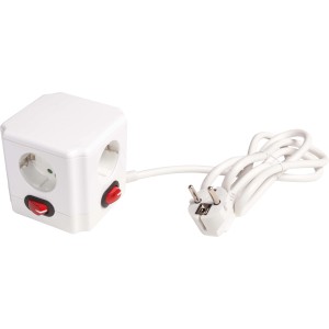 Weißer Steckdosenwürfel mit 4 Steckdosen, jede einzeln abschaltbar, mit Zuleitung und Stecker.