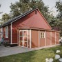 Timbela Premium Schuppen M941B, beige-braunes Holz-Gartenhaus mit Doppeltür und Fenster.