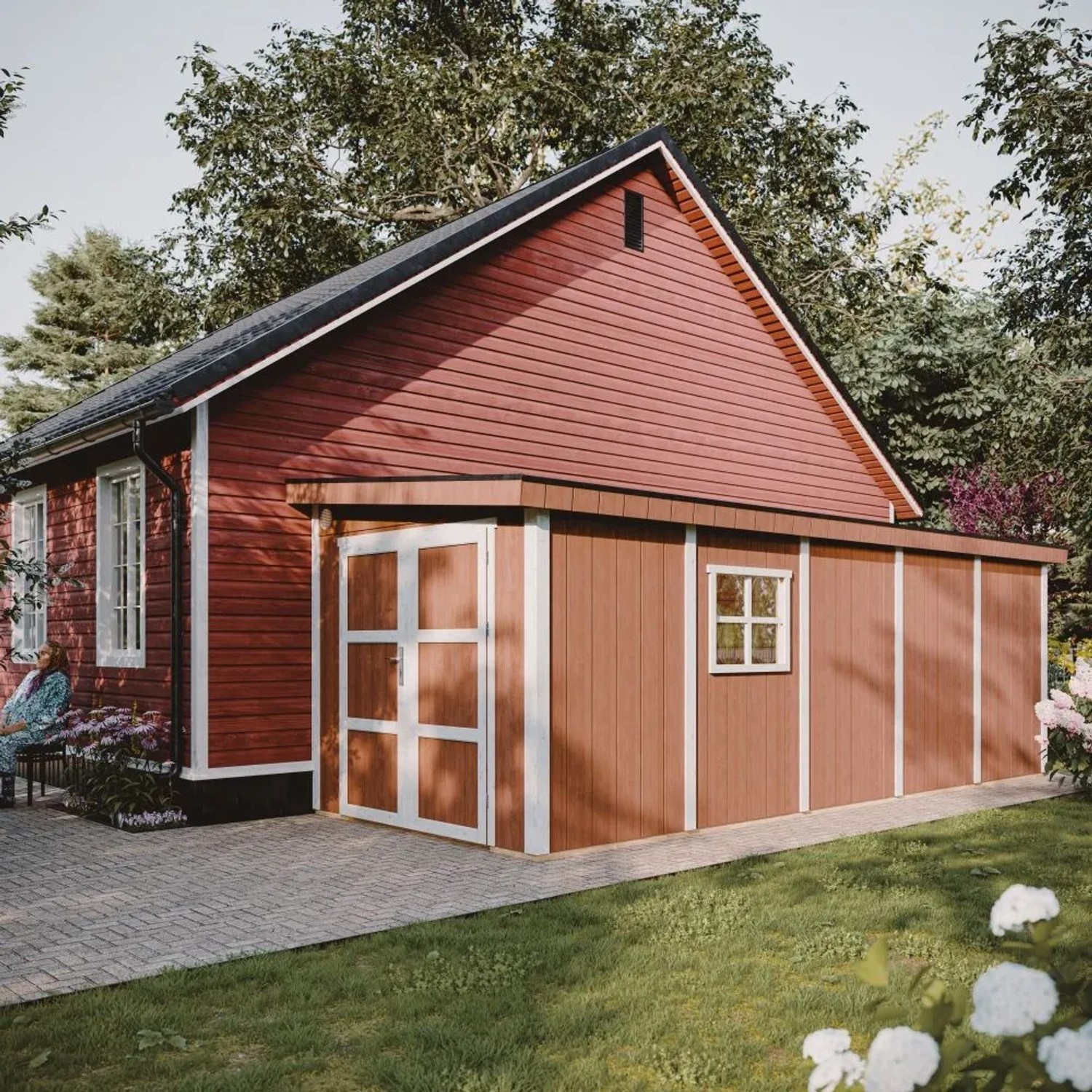 Timbela Premium Schuppen M941B, beige-braunes Holz-Gartenhaus mit Doppeltür und Fenster.