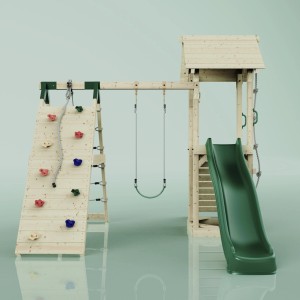 PolarPlay Spielturm Trondheim mit Schaukel, Kletterwand und grüner Rutsche.