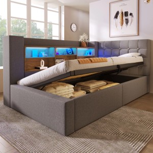 Graues Polsterbett 90x200cm mit hydraulischem Stauraum. LED-Kopfteil, Stauraum offen.