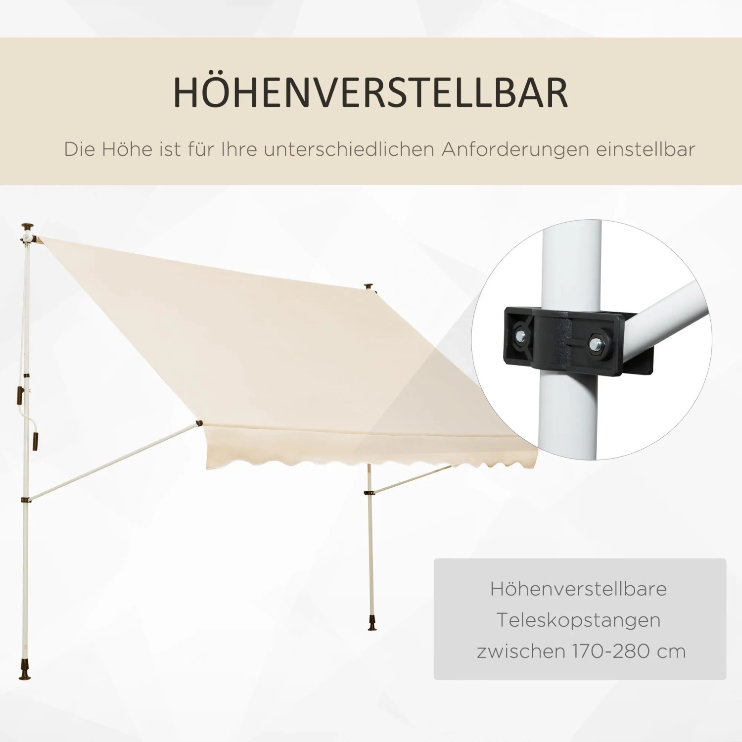 Beige Klemmmarkise 150cm mit Handkurbel für Balkon & Terrasse, höhenverstellbar.