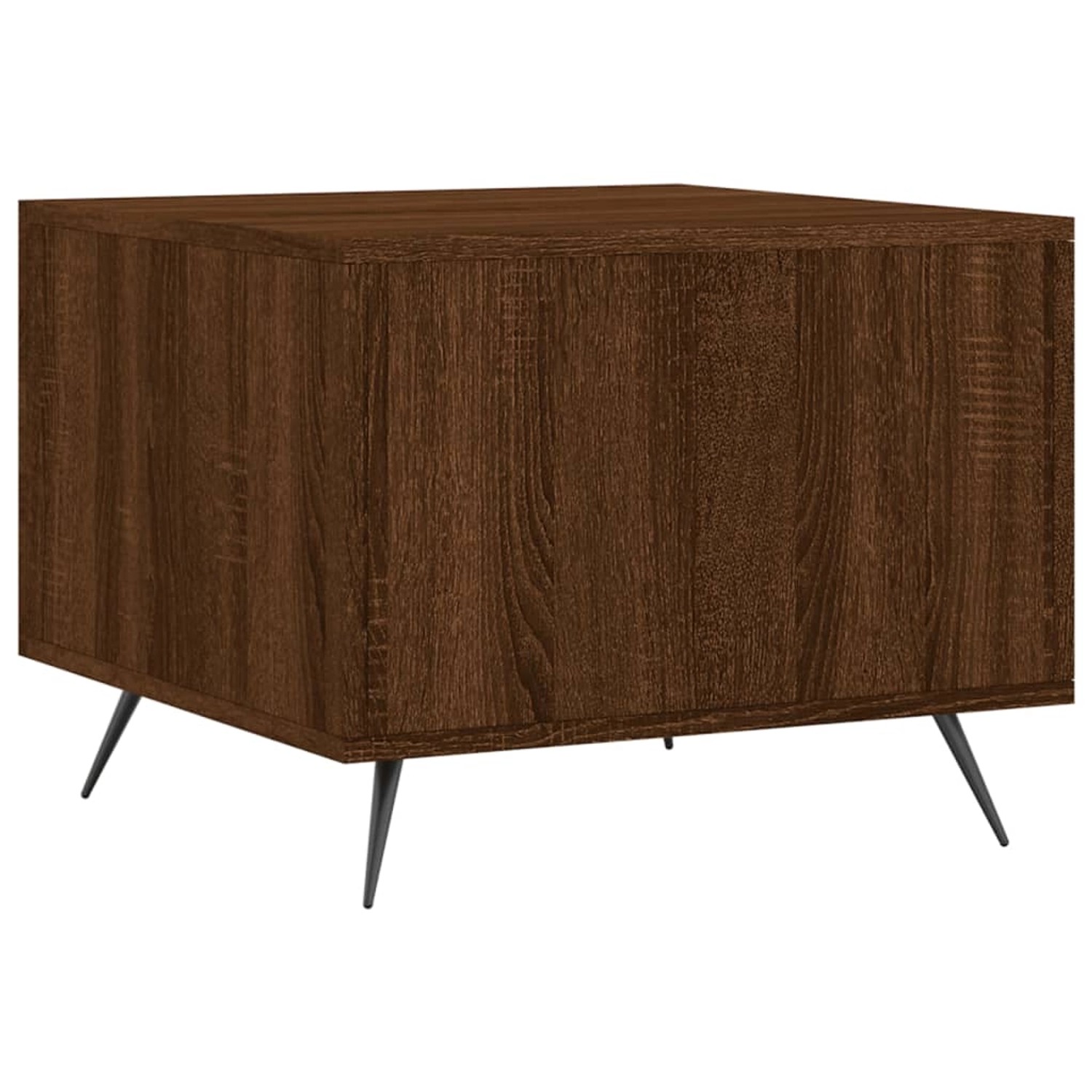 Quadratischer Couchtisch in Braun Eichen-Optik mit Schublade und schwarzen Metallbeinen.