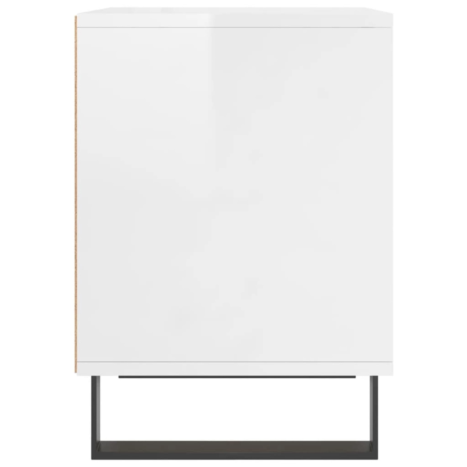 Zwei hochglanz-weiße Nachttische (40x35x50 cm) aus Holzwerkstoff mit Metallbeinen.