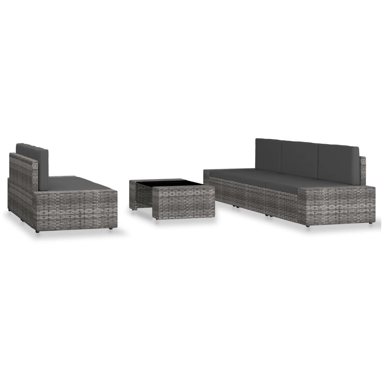 Graues 6-tlg. Garten-Lounge-Set aus Polyrattan mit Tisch und Polstern für Terrasse und Garten.