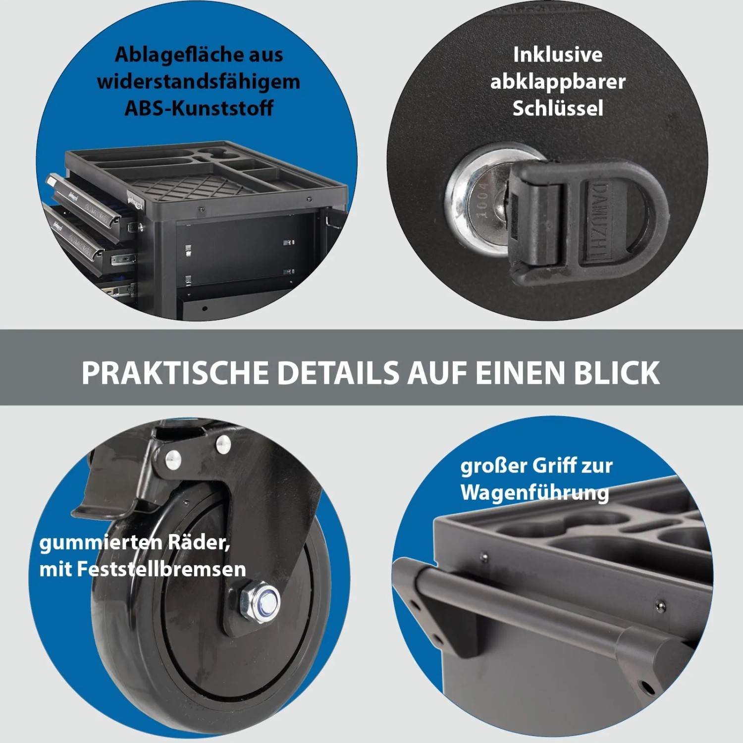 Details des Holmwerk Werkstattwagens ROCKX: Ablage, Schlüssel, Räder mit Bremse, Griff.
