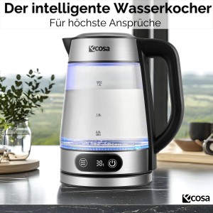 Ecosa Glas-Wasserkocher mit Temperaturregelung und LED-Beleuchtung, 1,8 Liter.