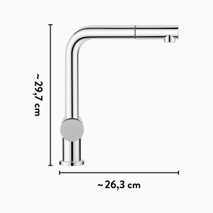 baliv Küchenarmatur KI-1050 Chrom, Einhebelmischer mit herausziehbarer Brause und Maßangaben.