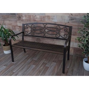 Gartenbank MCW F44 Vintage Bronze mit Armlehnen und dekorativer Rückenlehne.