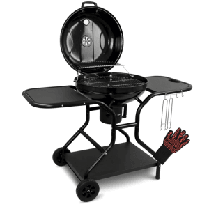Schwarzer DELUKE Kugelgrill EUGEN mit Ablagen, Grillhandschuhen und Haken. Holzkohlegrill mit Deckel.