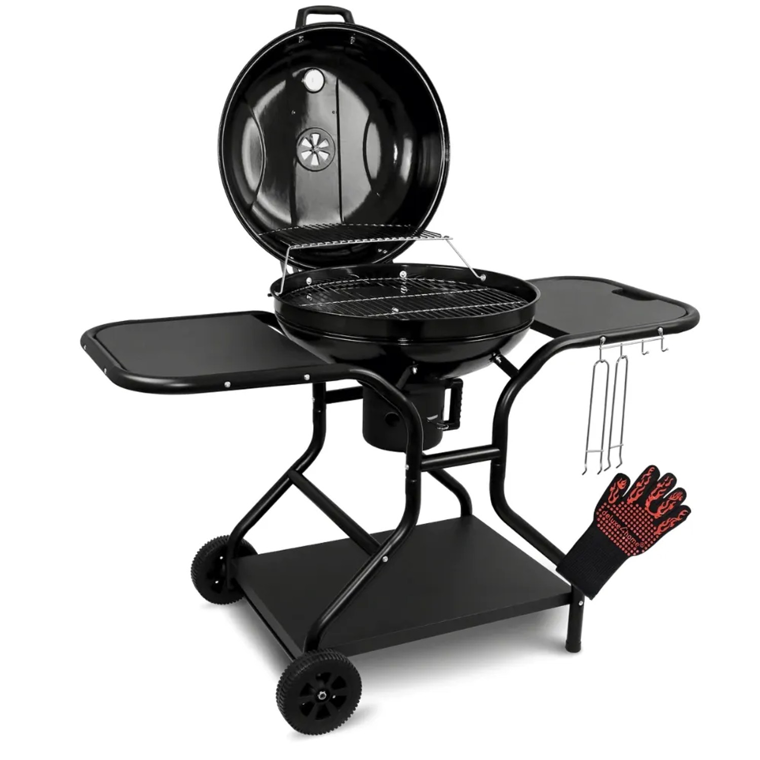 DELUKE Kugelgrill Holzkohle EUGEN mit Handschuhe Haken BBQ Grill Holzkohlegrill mit Klappbarem Deckel 55cm Grillwagen Sc...