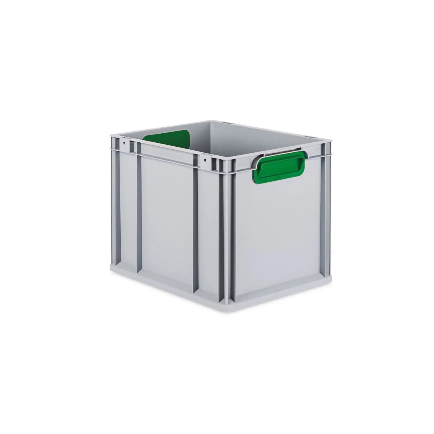 Graue Eurobox mit grünen Griffen und Deckel, PROREGAL Aufbewahrungsbox.