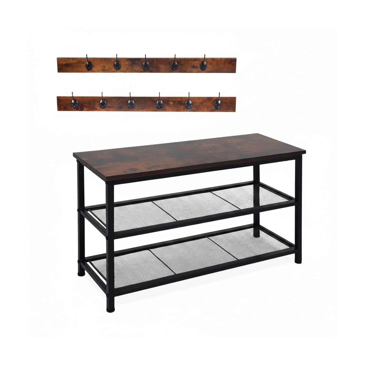 Relaxdays Schuhregal mit Garderobe Set Metall MDF Schwarz Dunkelbraun Für 6 Paar Schuhe 45 cm x 80 cm x 30 cm 5,6 kg