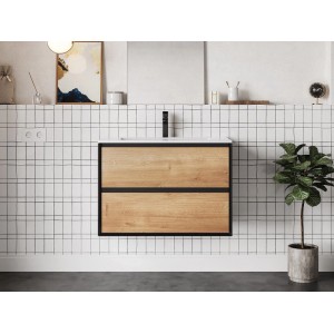 Hängender Waschbeckenunterschrank Lannick 80 cm, schwarz, helle Holzoptik, zwei Schubladen, Industrial.