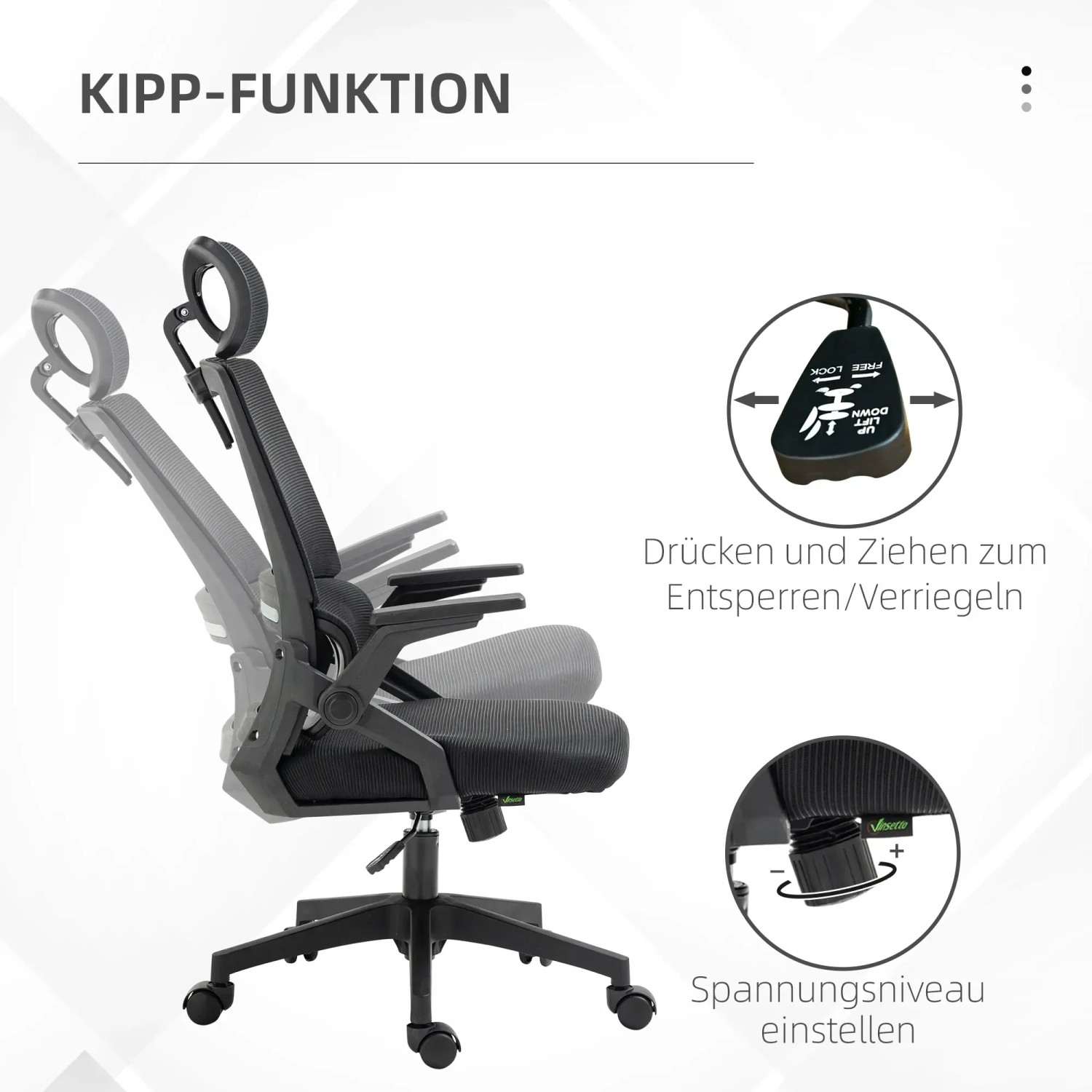 Vinsetto Bürostuhl Schwarz mit Wippfunktion, Neigung und Spannungsanpassung.