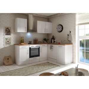 Respekta Winkelküche im Landhausstil, 220 cm, Lärche Weiß Nachbildung mit Elektrogeräten.