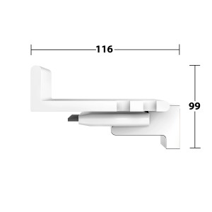 Detailzeichnung Keuco Reva Duschablage mit Glasabzieher, Maße 116x99 mm, weiß-matt.