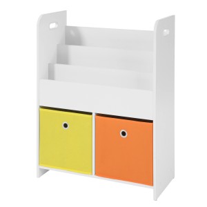 Weißes SoBuy Kinder Bücherregal mit 3 Ablagen und Stoffboxen in Gelb und Orange.