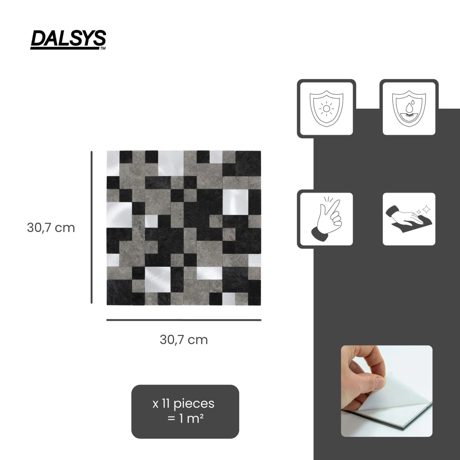 Dalsys Selbstklebende Fliesen 1m² 11 Stück Steinoptik Quadrate Schwarz Silber_2