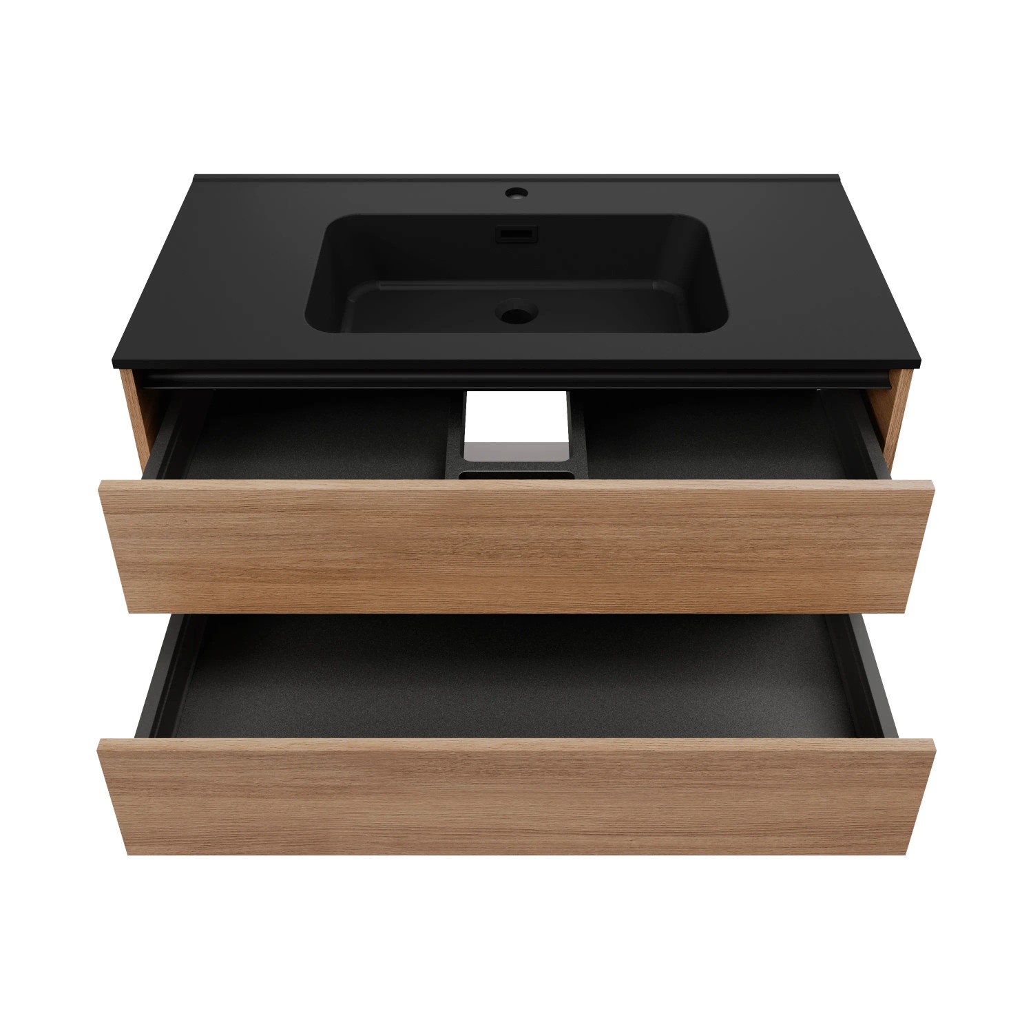 Fackelmann Waschtischunterschrank Vita, 100 cm, Oak Dekor, mit schwarzem Griff und zwei Schubladen.