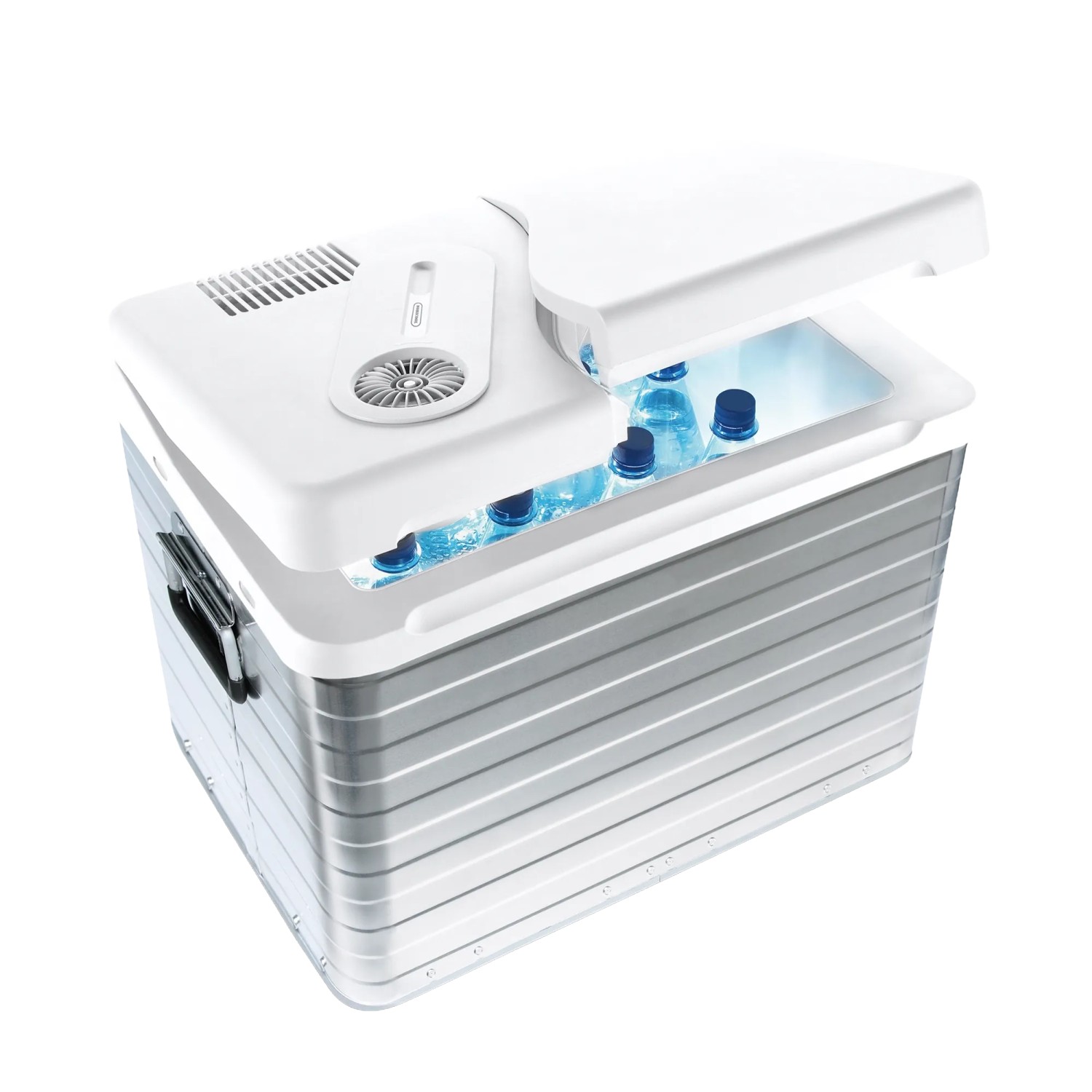 Mobicool Kühlbox MQ40A, 39 l, mit Aluminiumgehäuse und geöffnetem Deckel, gefüllt mit Getränkeflaschen.
