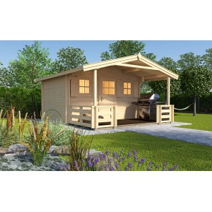 Unbehandeltes Weka Holz-Gartenhaus mit Satteldach und überdachter Fläche, Grill im Hintergrund.