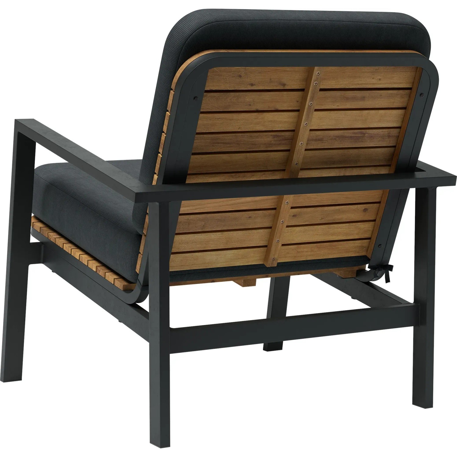 Detailansicht des Lounge-Sessels Olary aus Akazienholz und schwarzem Aluminium, Teil des 4-teiligen Lounge-Sets.
