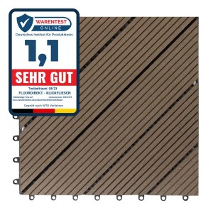 Dunkelbraune KARAT WPC Klickfliese Classic, wetterbeständig, 30x30 cm, mit Holzoptik und Klicksystem.