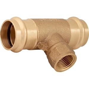 Rotguss Press-T-Stück 28 mm mit Innengewinde (Rp 1/2) für Kupferrohr-Installation.